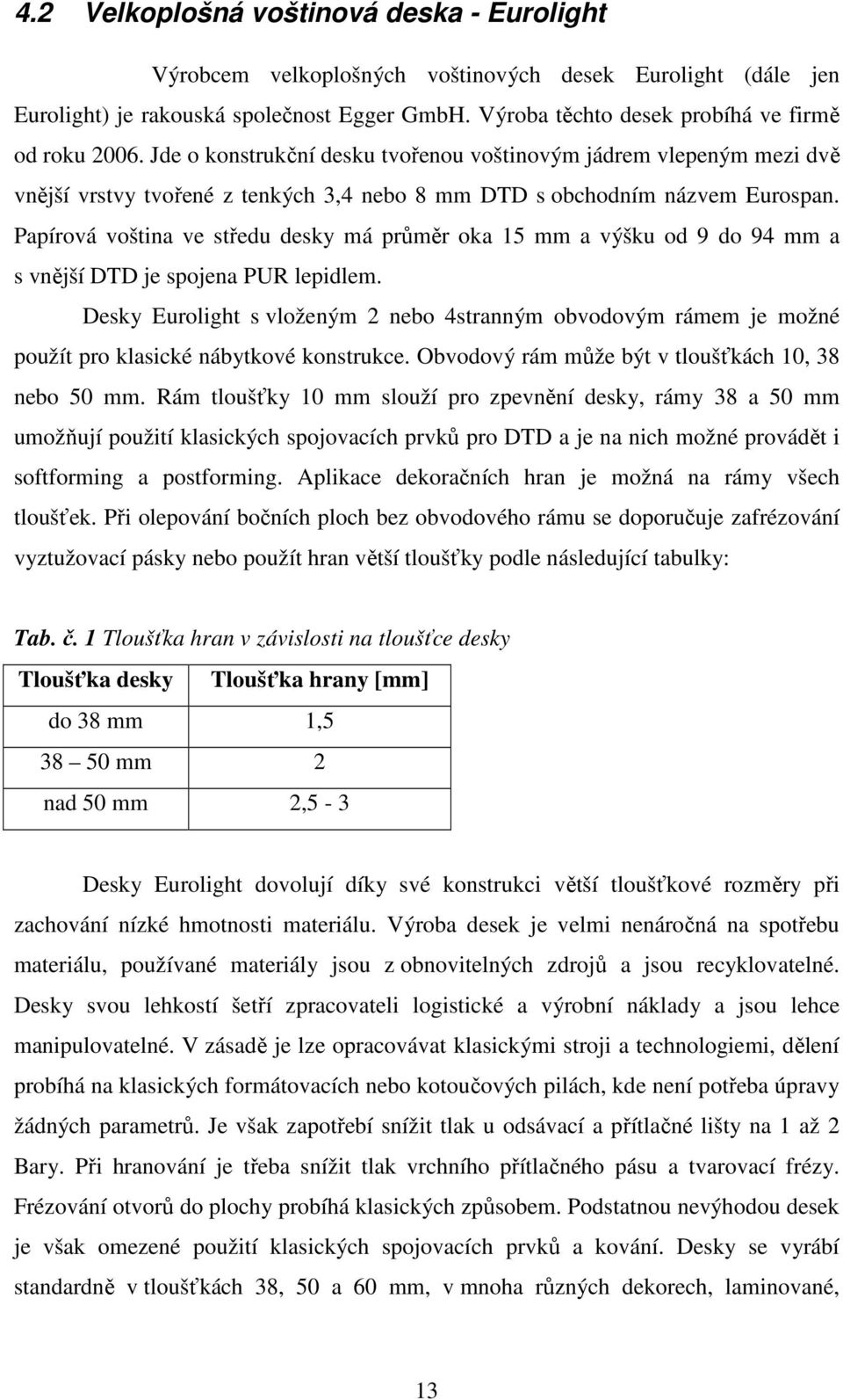 Papírová voština ve středu desky má průměr oka 15 mm a výšku od 9 do 94 mm a s vnější DTD je spojena PUR lepidlem.