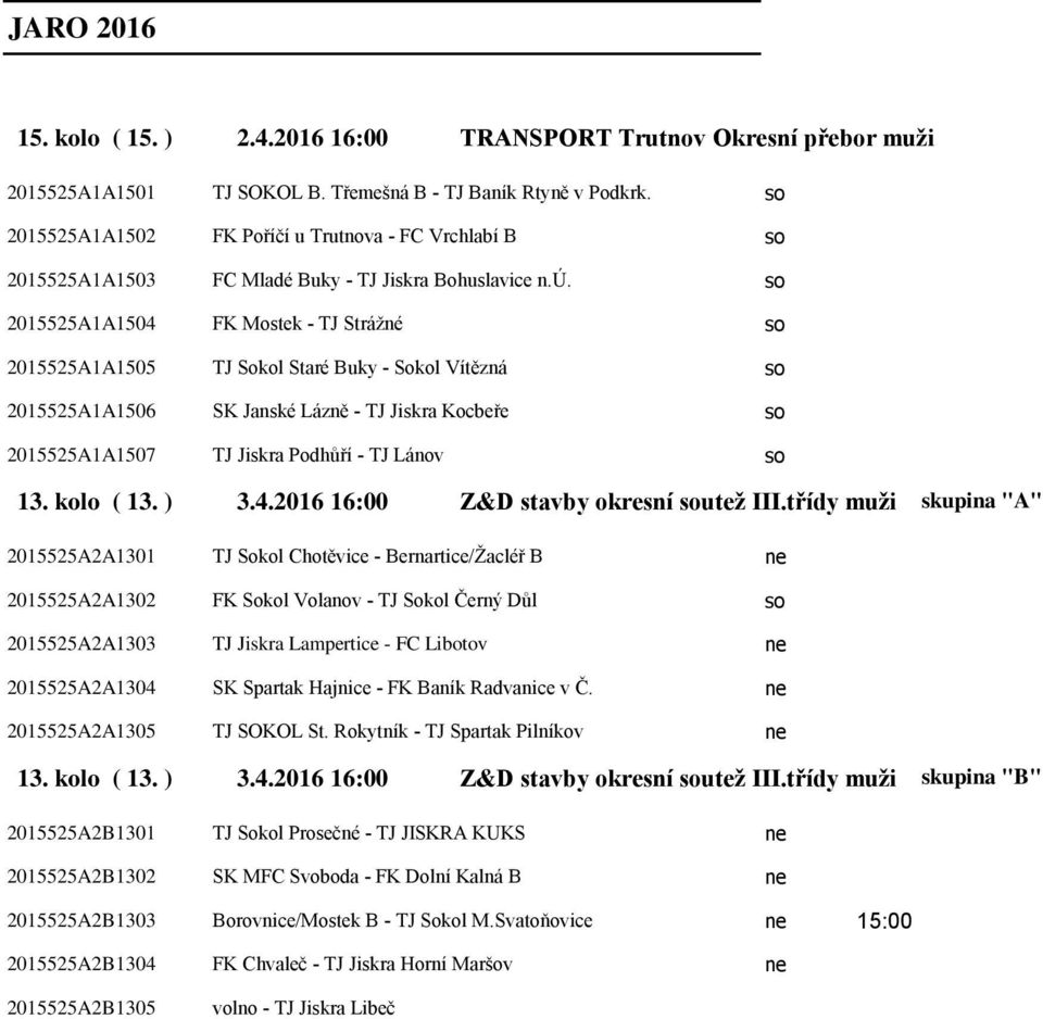 FK Mostek - TJ Strážné TJ Sokol Staré Buky - Sokol Vítězná SK Janské Lázně - TJ Jiskra Kocbeře TJ Jiskra Podhůří - TJ Lánov 13. kolo ( 13. ) 3.4.2016 16:00 Z&D stavby okresní utež III.