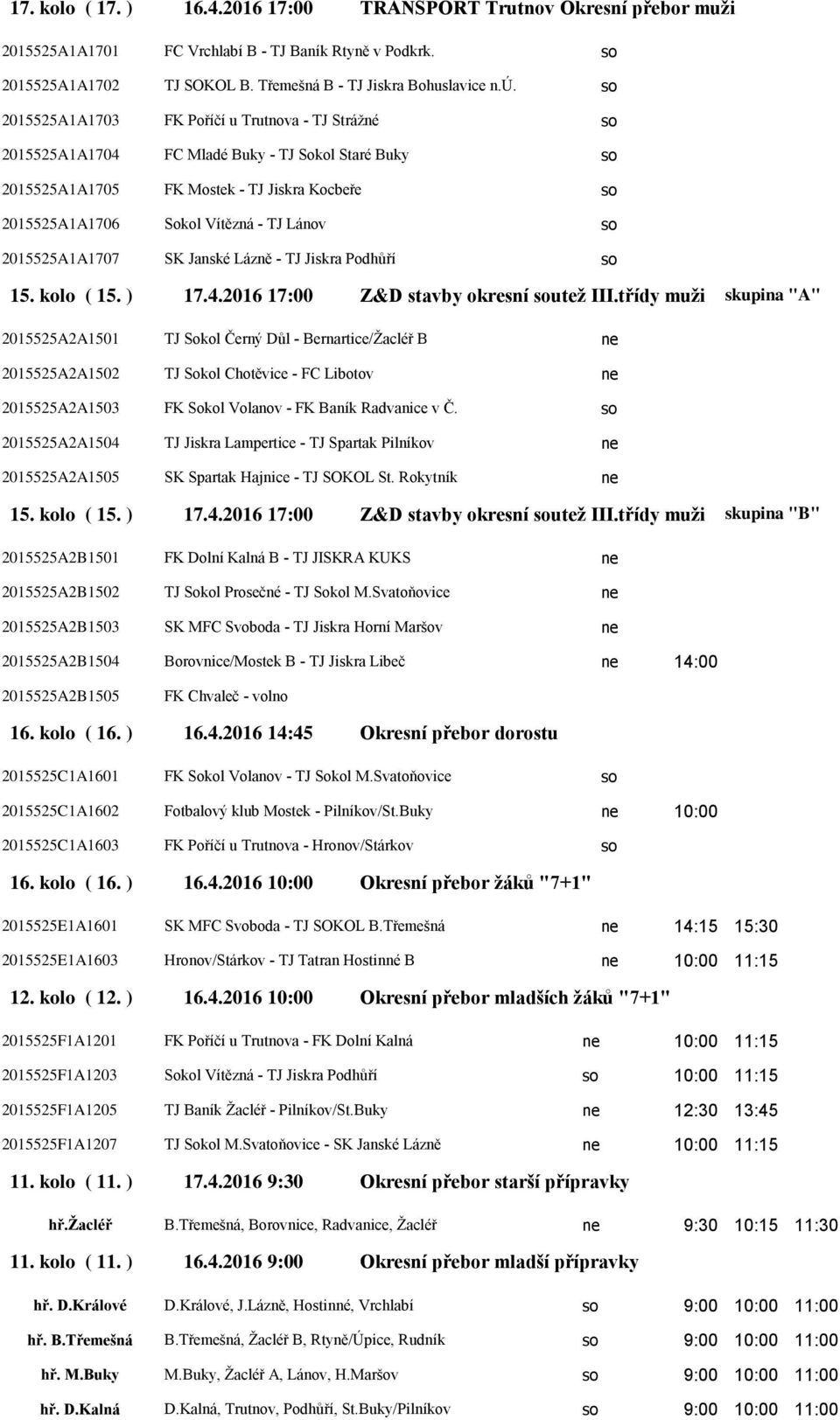 FK Poříčí u Trutnova - TJ Strážné FC Mladé Buky - TJ Sokol Staré Buky FK Mostek - TJ Jiskra Kocbeře Sokol Vítězná - TJ Lánov SK Janské Lázně - TJ Jiskra Podhůří 17.4.