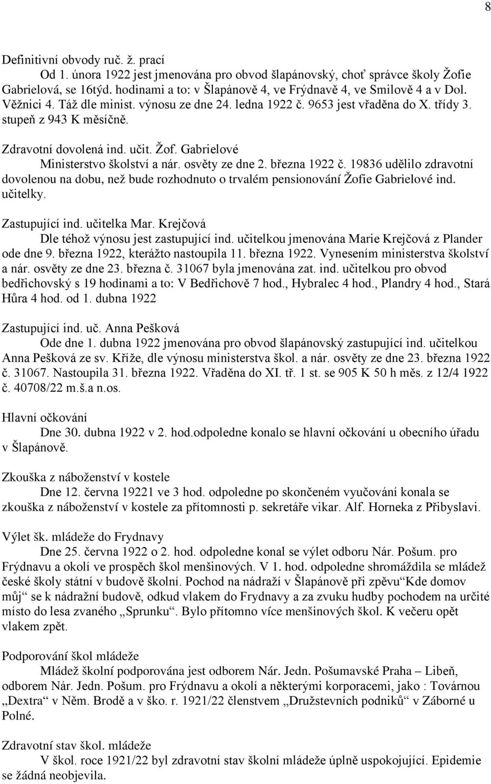 Zdravotní dovolená ind. učit. Žof. Gabrielové Ministerstvo školství a nár. osvěty ze dne 2. března 1922 č.