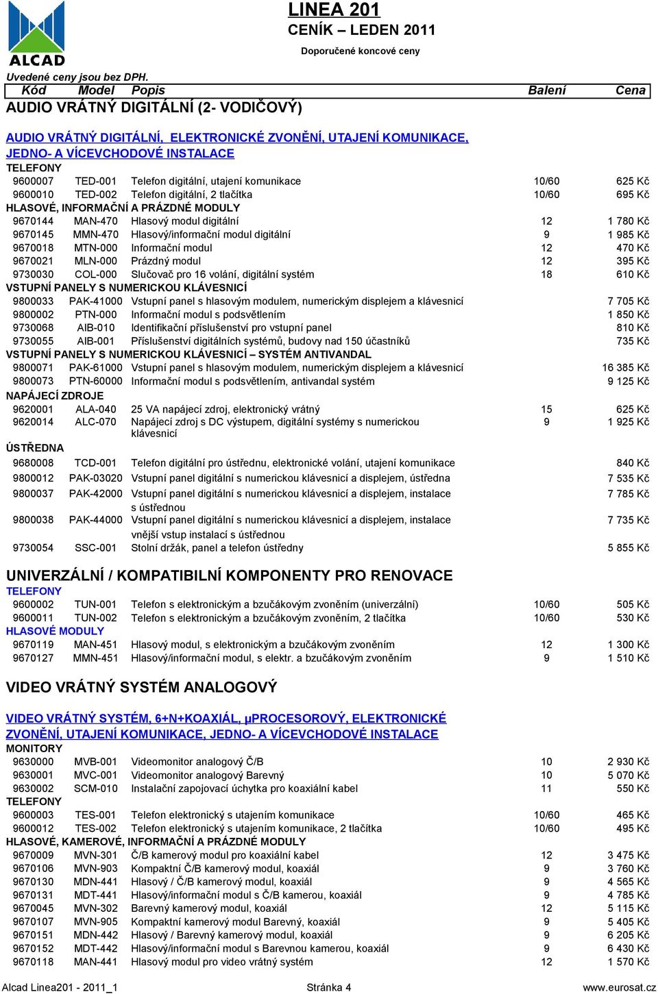 Informační modul 70 Kč 70021 MLN-000 Prázdný modul 3 Kč 730030 COL-000 Slučovač pro 1 volání, digitální systém 18 Kč VSTUPNÍ PANELY S NUMERICKOU KLÁVESNICÍ 800033 PAK-00 Vstupní panel s hlasovým