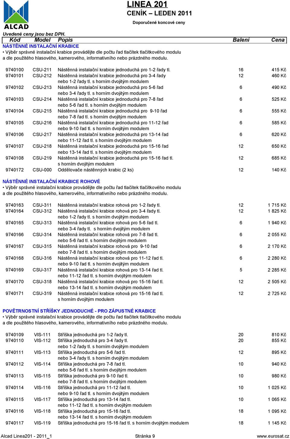 s horním dvojitým modulem 703 CSU-21 Nástěnná instalační krabice jednoduchá pro 7-8 řad 2 Kč nebo - řad tl.