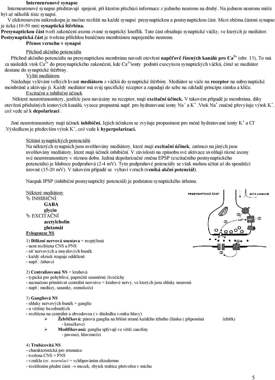 Presynaptickou část tvoří zakončení axonu zvané synaptický knoflík. Tato část obsahuje synaptické váčky, ve kterých je mediátor.