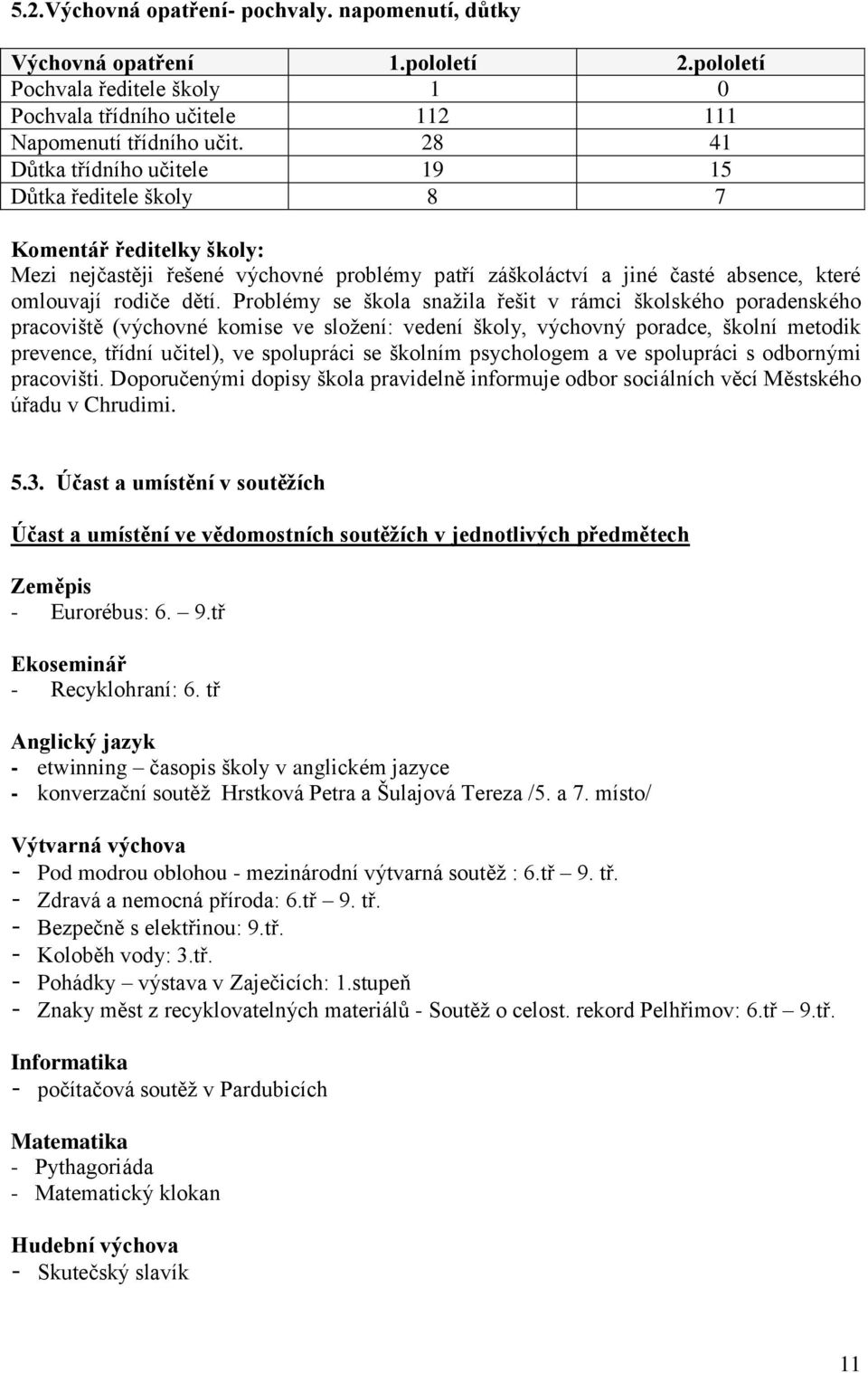 Problémy se škola snaţila řešit v rámci školského poradenského pracoviště (výchovné komise ve sloţení: vedení školy, výchovný poradce, školní metodik prevence, třídní učitel), ve spolupráci se