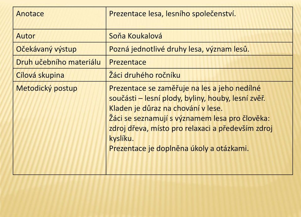 Prezentace Žáci druhého ročníku Prezentace se zaměřuje na les a jeho nedílné součásti lesní plody, byliny, houby, lesní