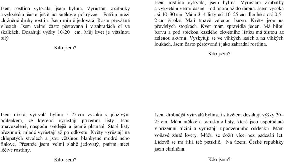 Vyrůstám z cibulky a vykvétám velmi časně od února až do dubna. Jsem vysoká asi 10 30 cm. Mám 3 4 listy asi 10 25 cm dlouhé a asi 0,5 2 cm široké. Mají tmavě zelenou barvu.