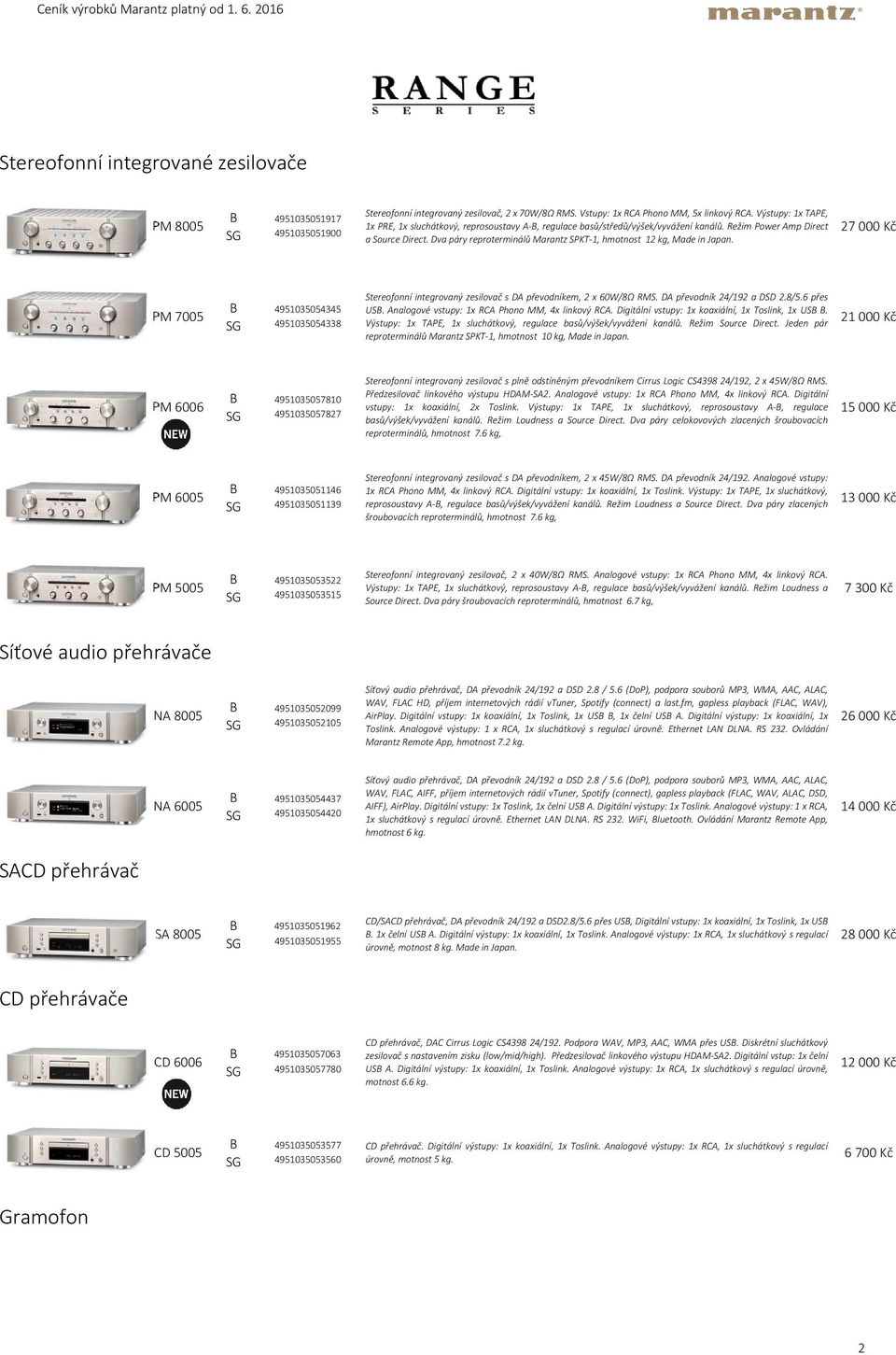 Dva páry reproterminálů Marantz SPKT-1, hmotnost 12 kg, Made in Japan. 27 000 Kč PM 7005 B 4951035054345 SG 4951035054338 Stereofonní integrovaný zesilovač s DA převodníkem, 2 x 60W/8Ω RMS.