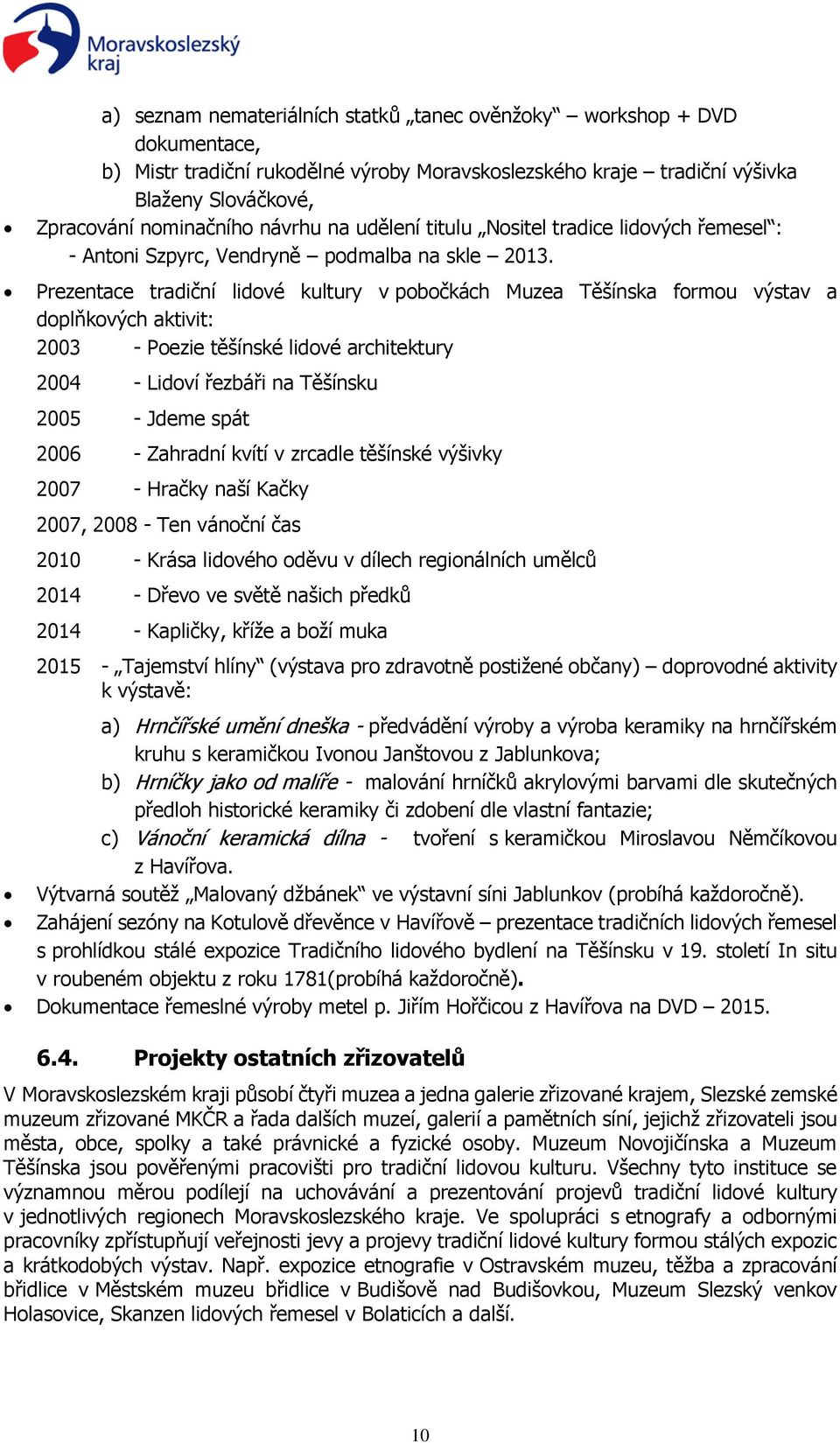 Prezentace tradiční lidové kultury v pobočkách Muzea Těšínska formou výstav a doplňkových aktivit: 2003 - Poezie těšínské lidové architektury 2004 - Lidoví řezbáři na Těšínsku 2005 - Jdeme spát 2006