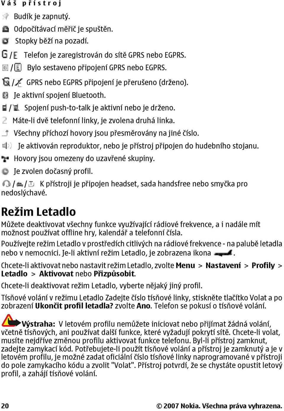 Všechny příchozí hovory jsou přesměrovány na jiné číslo. Je aktivován reproduktor, nebo je přístroj připojen do hudebního stojanu. Hovory jsou omezeny do uzavřené skupiny. Je zvolen dočasný profil.