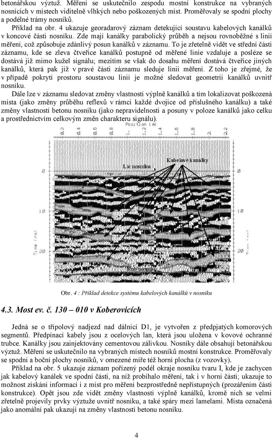 Zde mají kanálky parabolický průběh a nejsou rovnoběžné s linií měření, což způsobuje zdánlivý posun kanálků v záznamu.