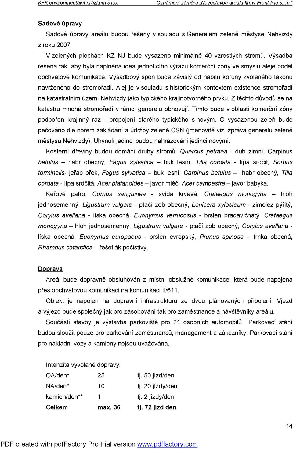 Výsadbový spon bude závislý od habitu koruny zvoleného taxonu navrženého do stromořadí.