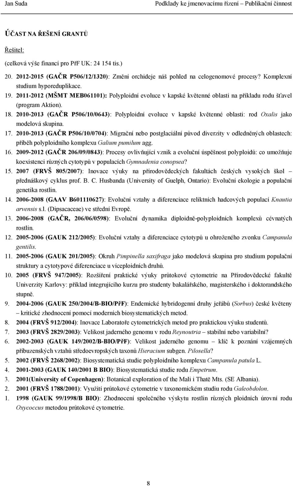 2010-2013 (GAČR P506/10/0643): Polyploidní evoluce v kapské květenné oblasti: rod Oxalis jako modelová skupina. 17.