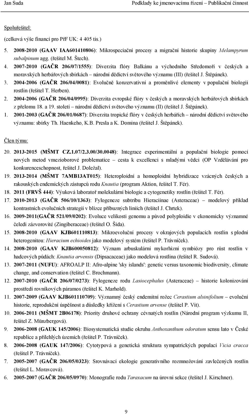 2007-2010 (GAČR 206/07/1555): Diverzita flóry Balkánu a východního Středomoří v českých a moravských herbářových sbírkách národní dědictví světového významu (III) (řešitel J. Štěpánek). 3.