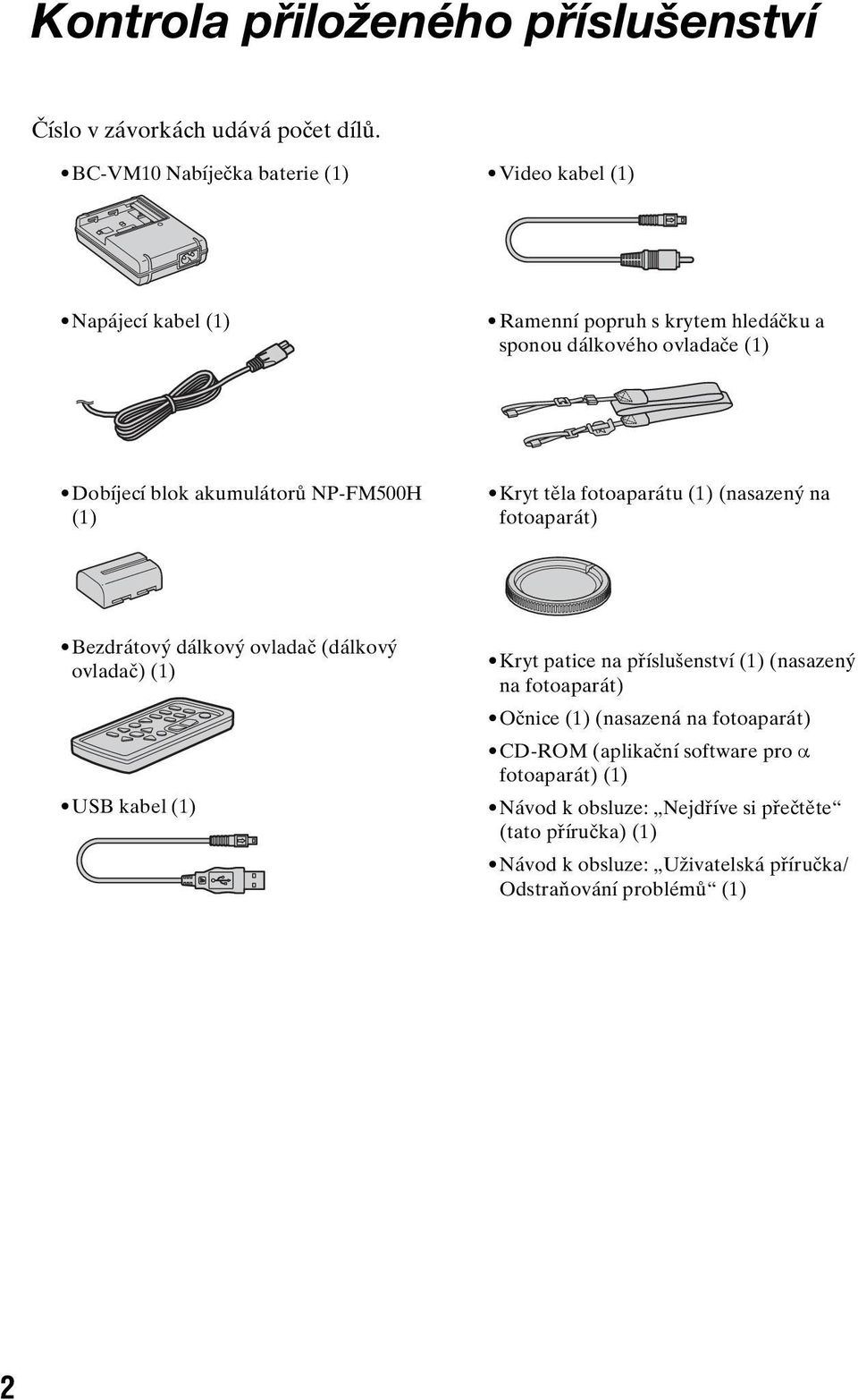 NP-FM500H (1) Kryt těla fotoaparátu (1) (nasazený na fotoaparát) Bezdrátový dálkový ovladač (dálkový ovladač) (1) USB kabel (1) Kryt patice na