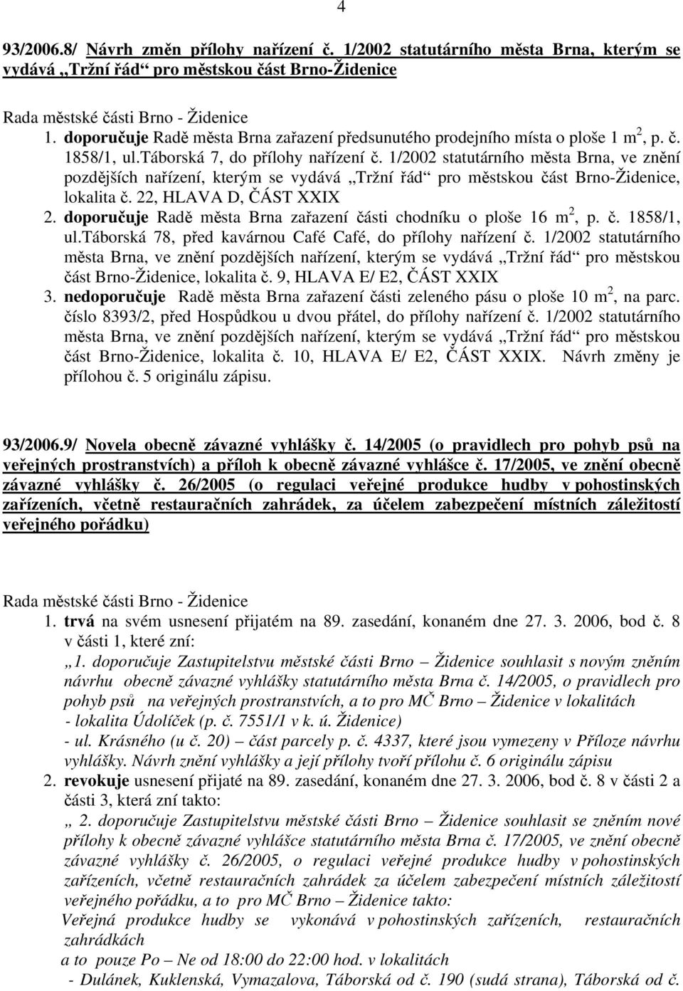 1/2002 statutárního města Brna, ve znění pozdějších nařízení, kterým se vydává Tržní řád pro městskou část Brno-Židenice, lokalita č. 22, HLAVA D, ČÁST XXIX 2.