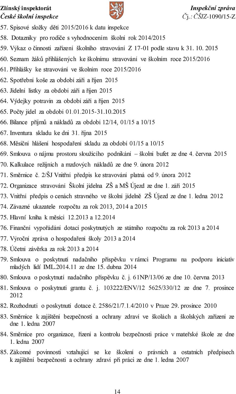 Jídelní lístky za období září a říjen 2015 64. Výdejky potravin za období září a říjen 2015 65. Počty jídel za období 01.01.2015-31.10.2015 66.