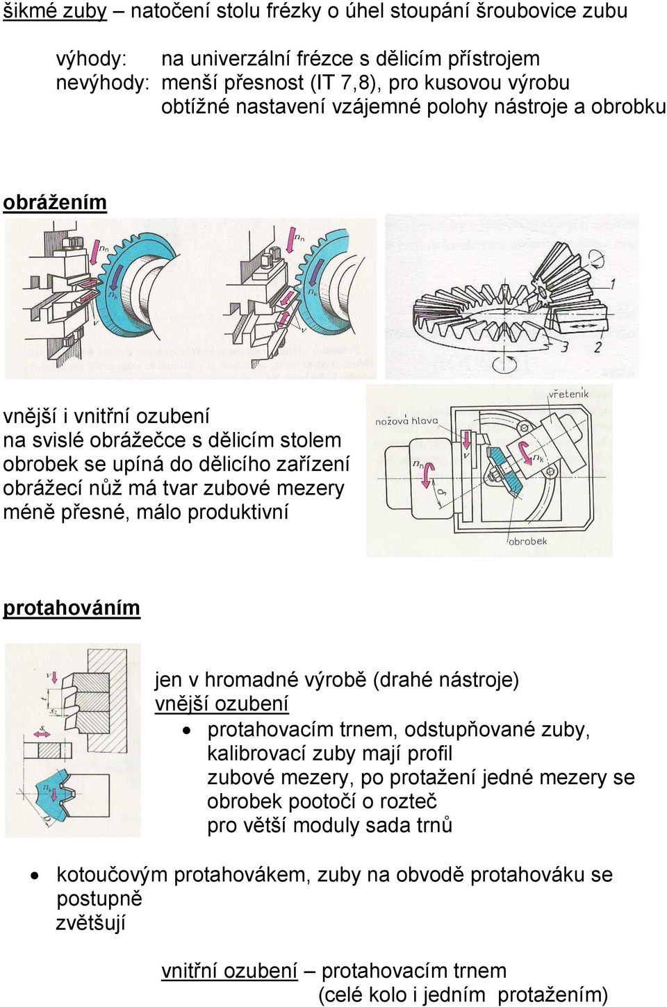 přesné, málo produktivní protahováním jen v hromadné výrobě (drahé nástroje) vnější ozubení protahovacím trnem, odstupňované zuby, kalibrovací zuby mají profil zubové mezery, po protažení