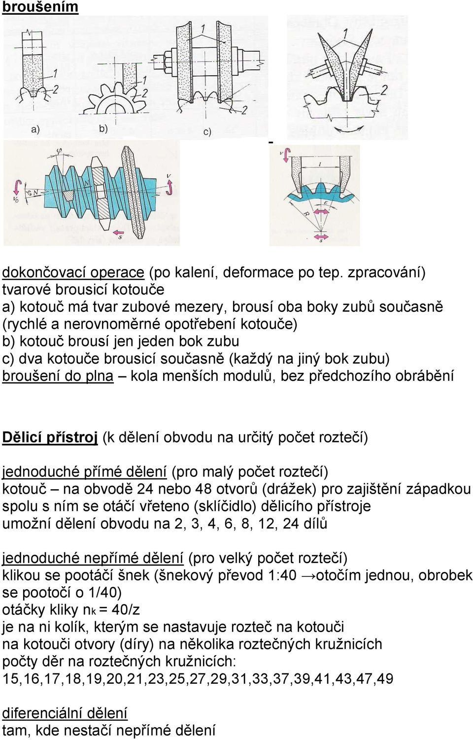 brousicí současně (každý na jiný bok zubu) broušení do plna kola menších modulů, bez předchozího obrábění Dělicí přístroj (k dělení obvodu na určitý počet roztečí) jednoduché přímé dělení (pro malý