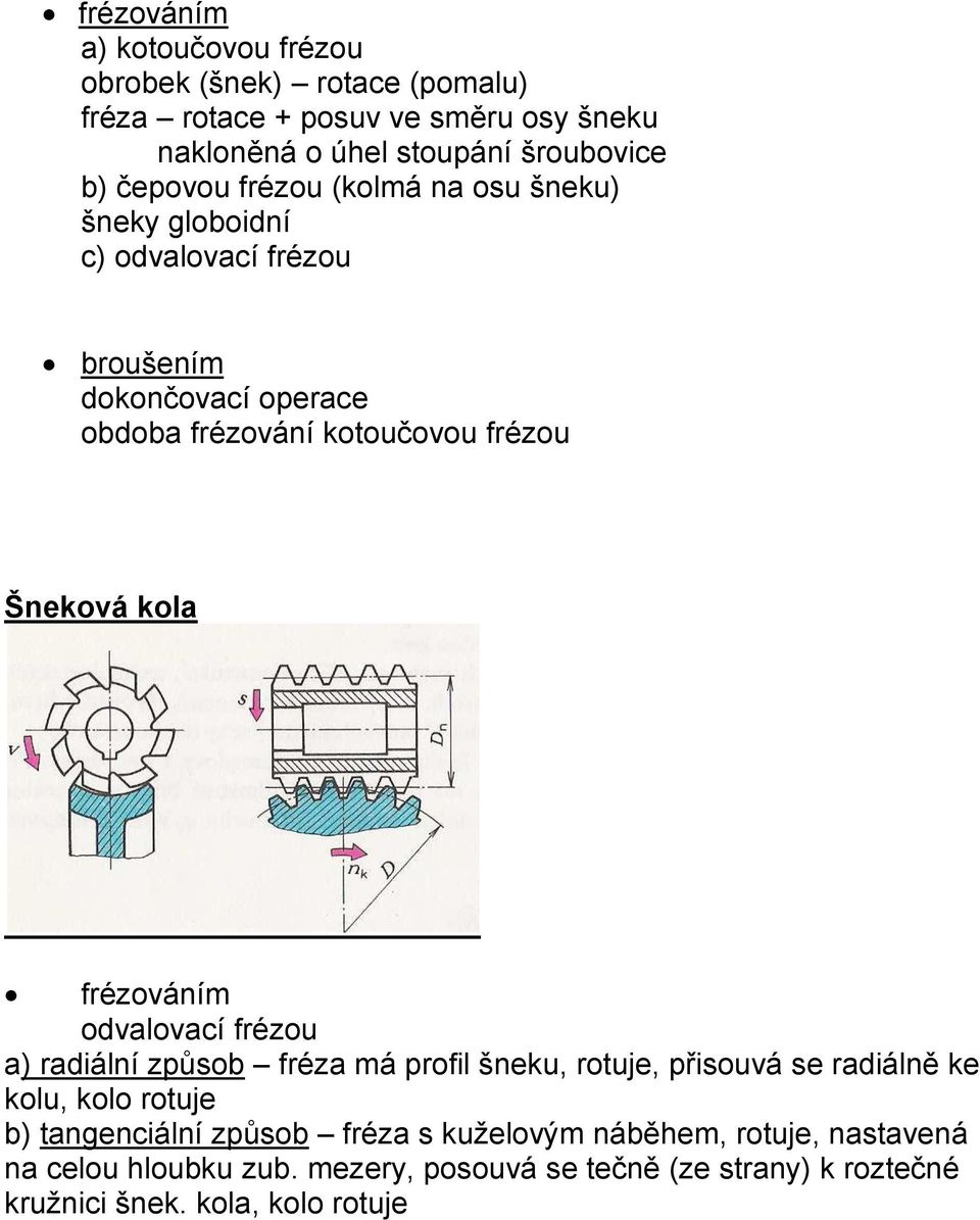 kola frézováním odvalovací frézou a) radiální způsob fréza má profil šneku, rotuje, přisouvá se radiálně ke kolu, kolo rotuje b) tangenciální