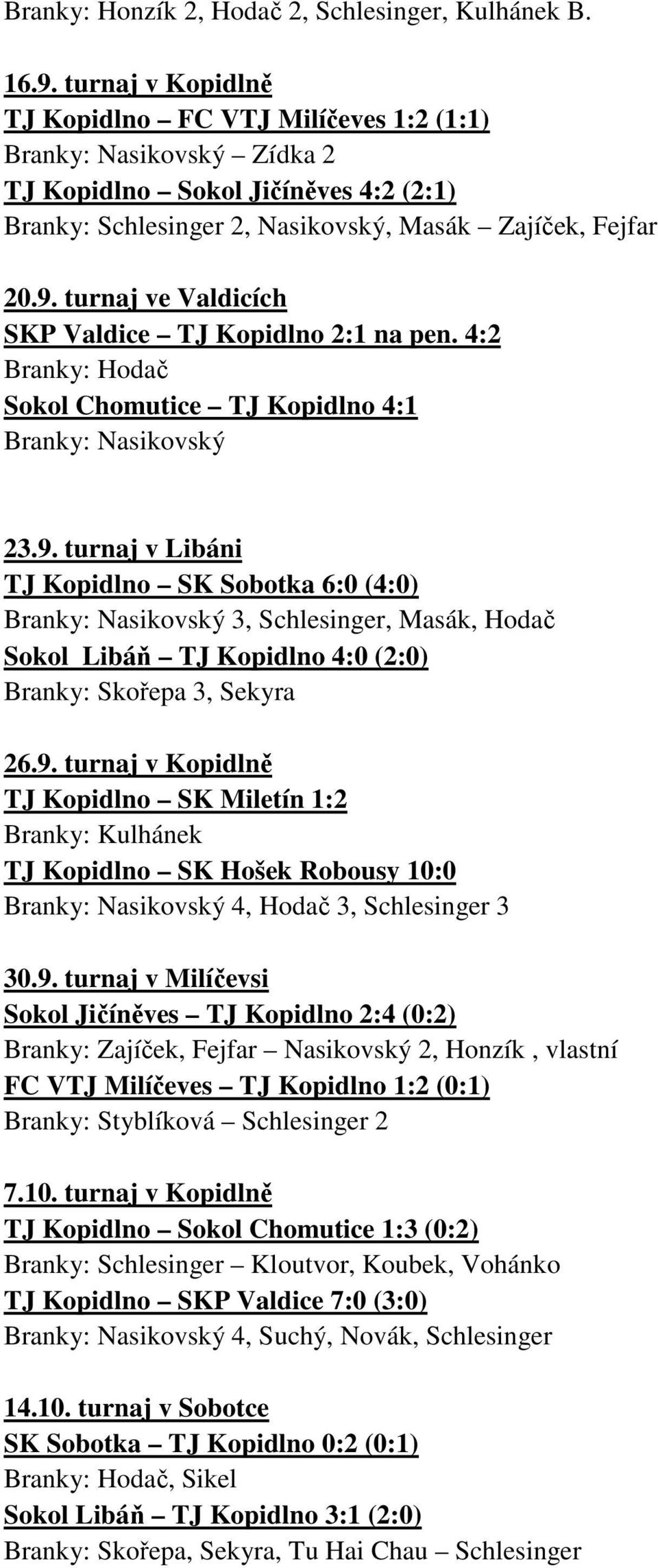 turnaj ve Valdicích SKP Valdice TJ Kopidlno 2:1 na pen. 4:2 Branky: Hodač Sokol Chomutice TJ Kopidlno 4:1 Branky: Nasikovský 23.9.