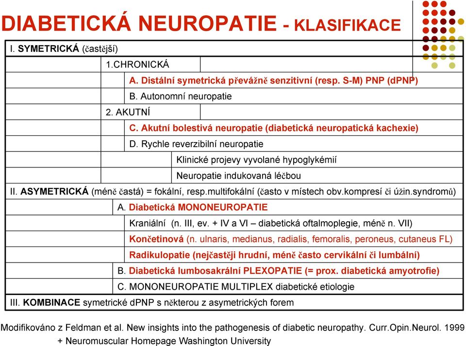 ASYMETRICKÁ (méně častá) = fokální, resp.multifokální (často v místech obv.kompresí či úžin.syndromů) A. Diabetická MONONEUROPATIE Kraniální (n. III, ev. + IV a VI diabetická oftalmoplegie, méně n.