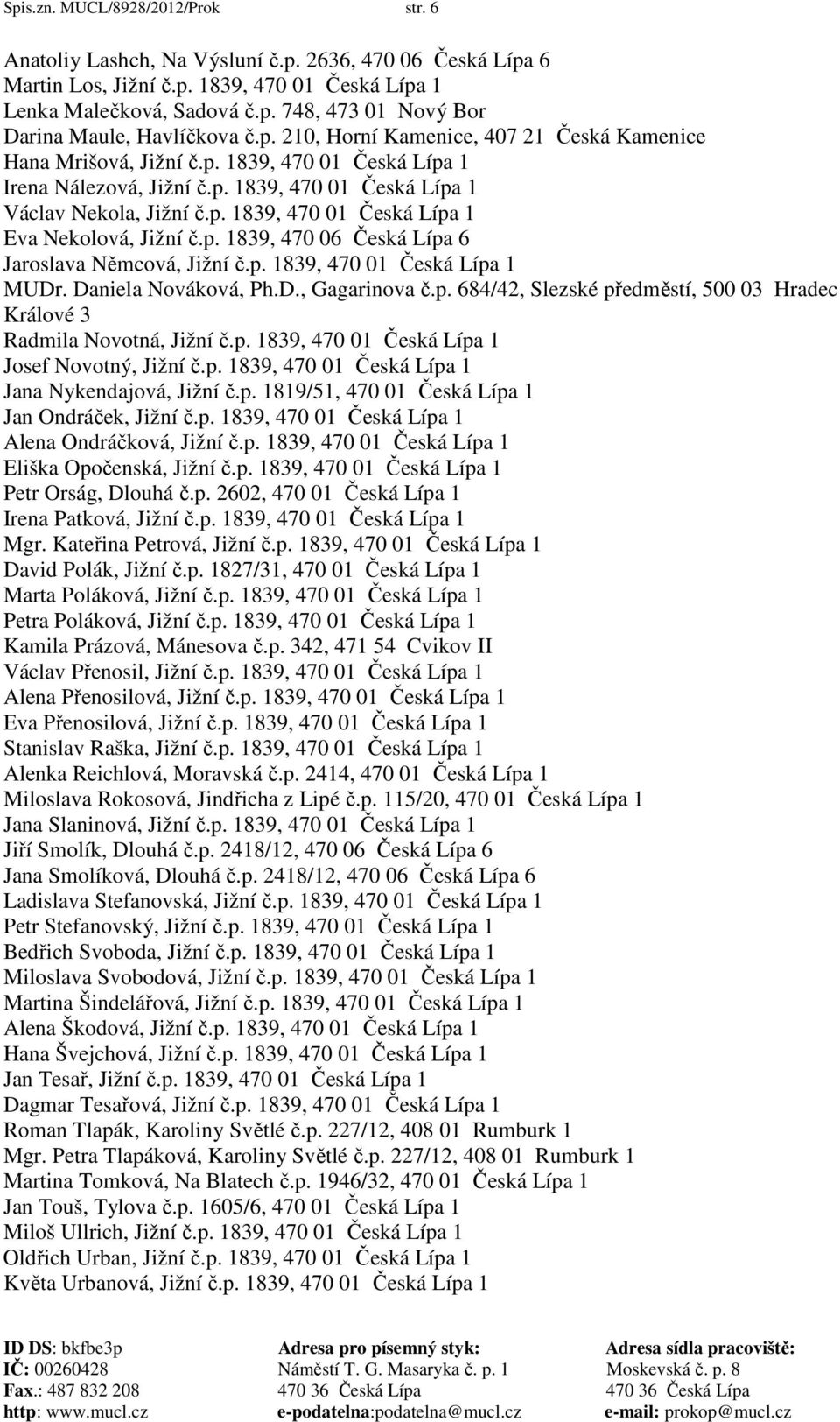 p. 1839, 470 06 Česká Lípa 6 Jaroslava Němcová, Jižní č.p. 1839, 470 01 Česká Lípa 1 MUDr. Daniela Nováková, Ph.D., Gagarinova č.p. 684/42, Slezské předměstí, 500 03 Hradec Králové 3 Radmila Novotná, Jižní č.