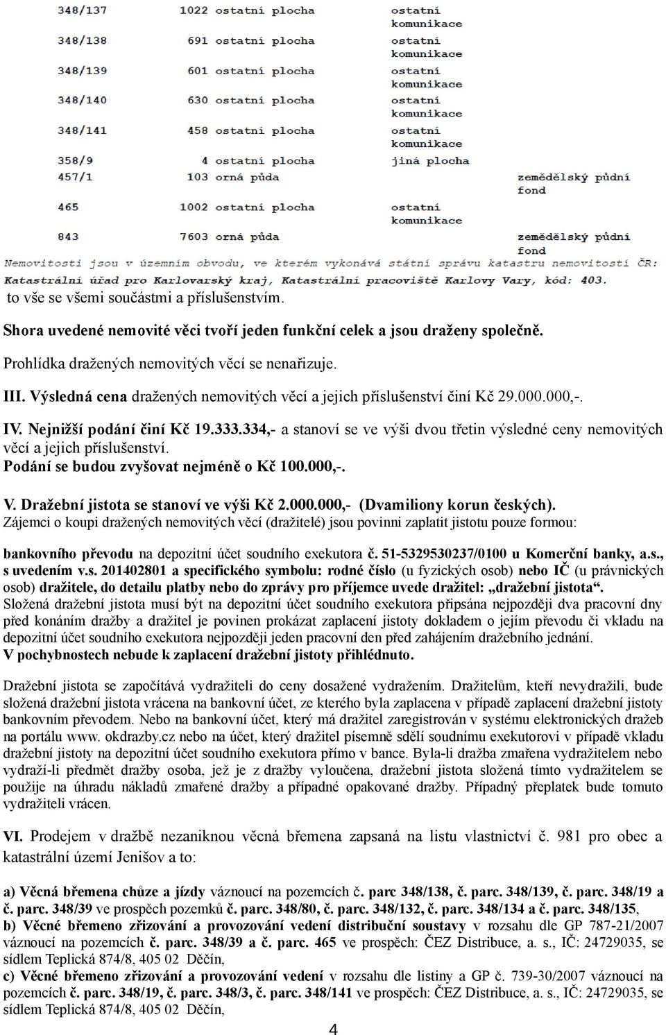 334,- a stanoví se ve výši dvou třetin výsledné ceny nemovitých věcí a jejich příslušenství. Podání se budou zvyšovat nejméně o Kč 100.000,-. V. Dražební jistota se stanoví ve výši Kč 2.000.000,- (Dvamiliony korun českých).