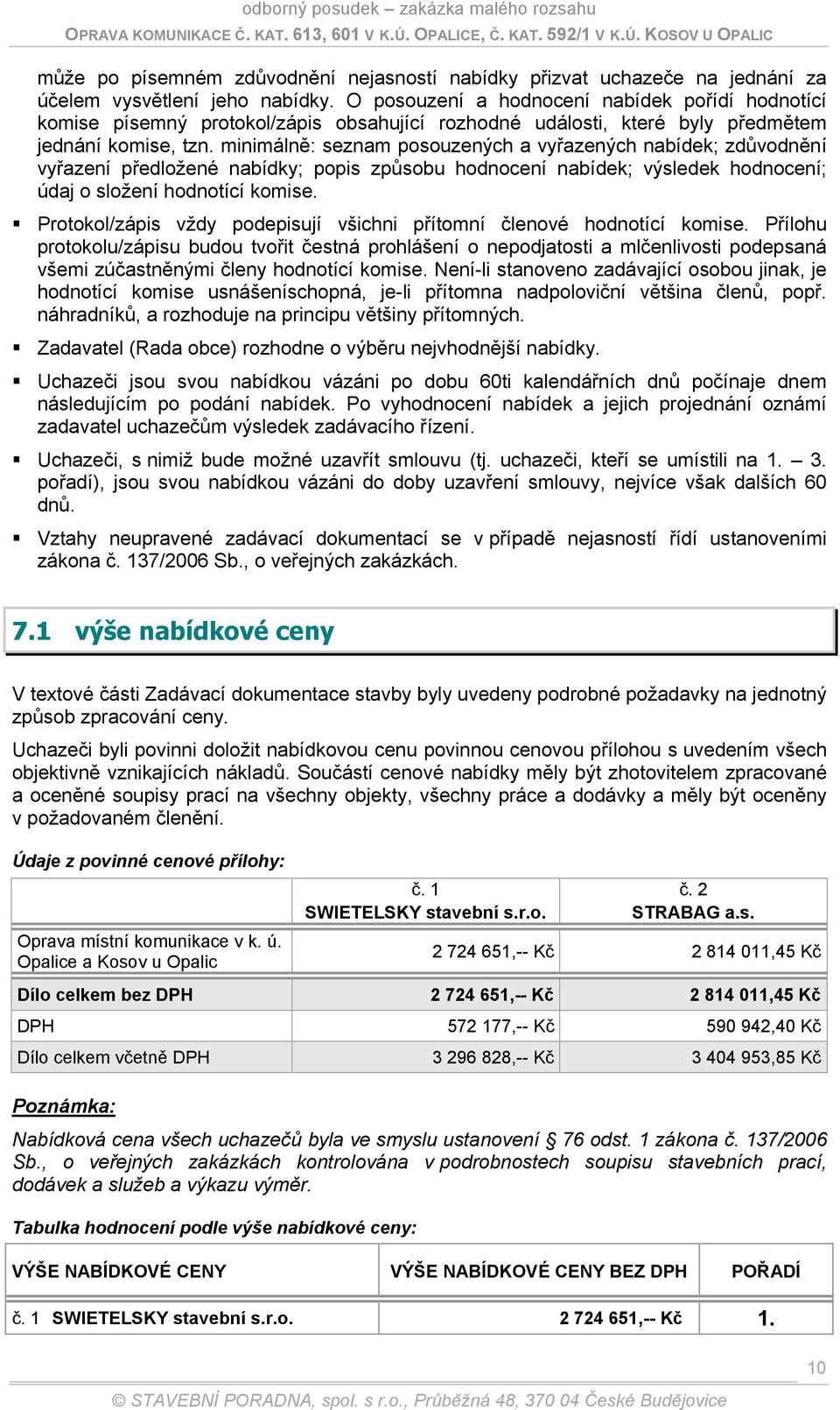 minimálně: seznam posouzených a vyřazených nabídek; zdůvodnění vyřazení předložené nabídky; popis způsobu hodnocení nabídek; výsledek hodnocení; údaj o složení hodnotící komise.