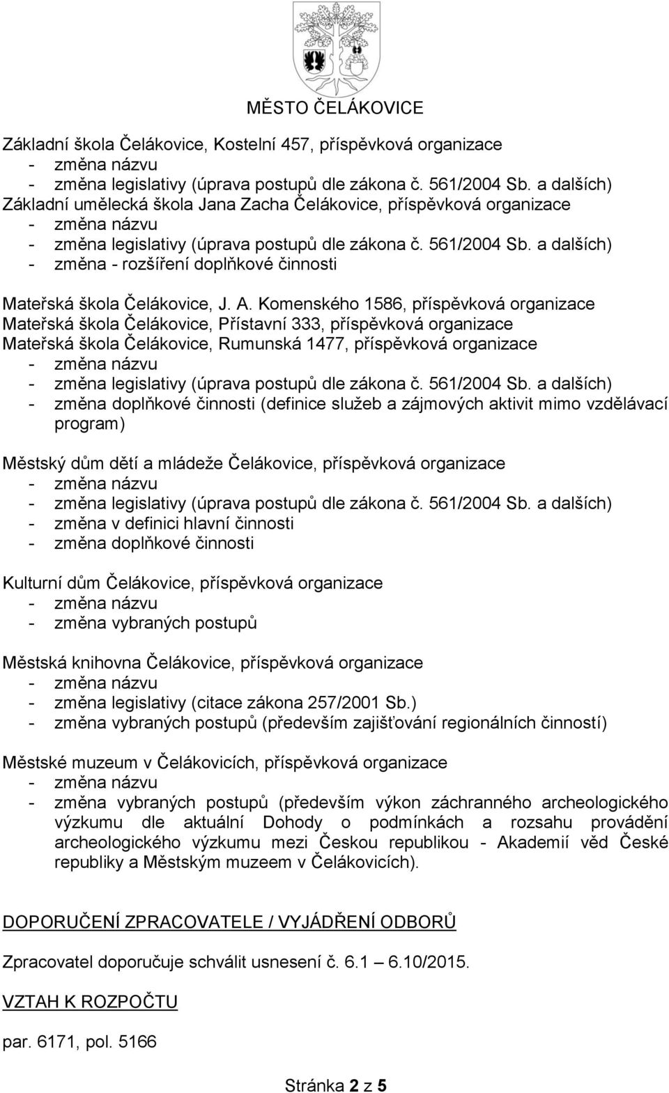 aktivit mimo vzdělávací program) Městský dům dětí a mládeže Čelákovice, příspěvková - změna v definici hlavní činnosti - změna doplňkové činnosti Kulturní dům Čelákovice, příspěvková - změna