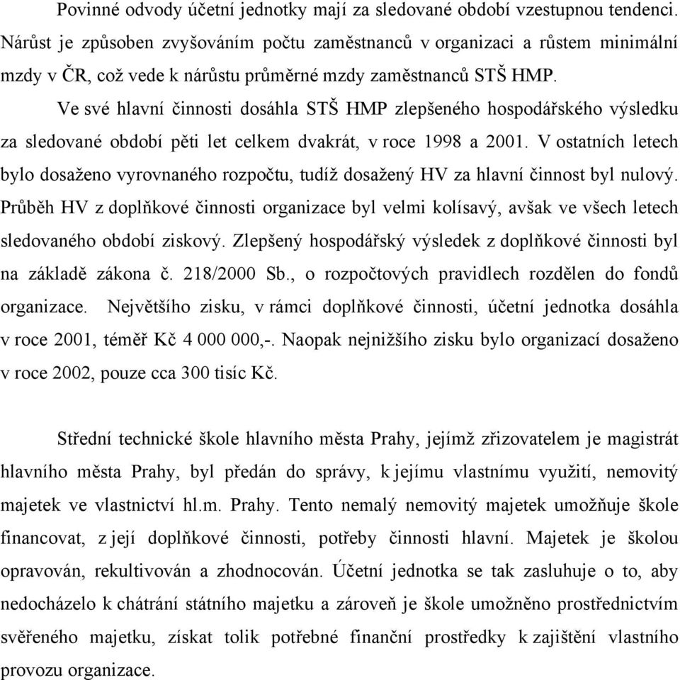 Ve své hlavní činnosti dosáhla STŠ HMP zlepšeného hospodářského výsledku za sledované období pěti let celkem dvakrát, v roce 1998 a 2001.