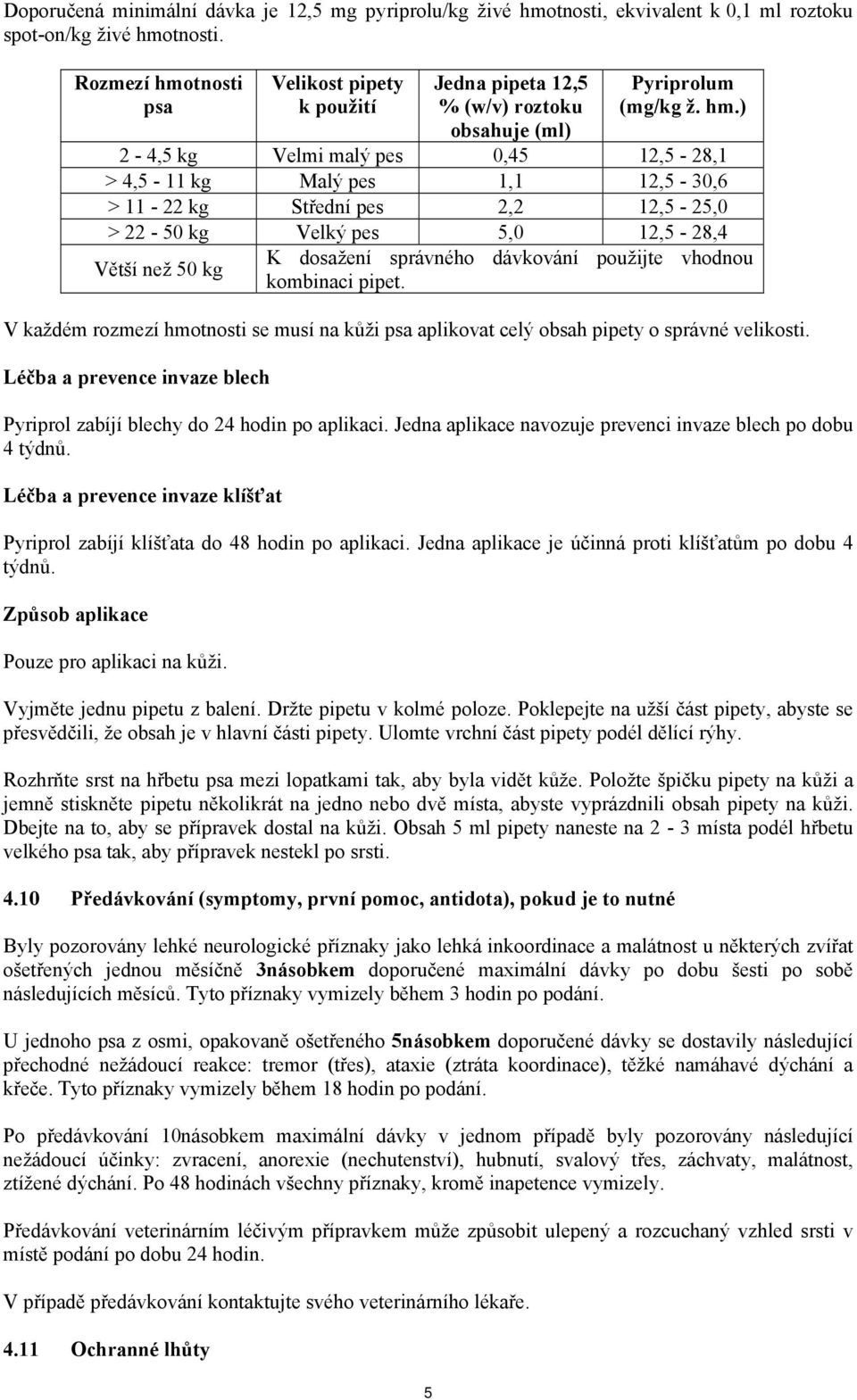 tnosti psa Velikost pipety k použití 5 Jedna pipeta 12,5 % (w/v) roztoku obsahuje (ml) Pyriprolum (mg/kg ž. hm.