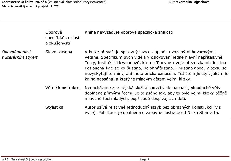 Specifikum bych viděla v oslovování jedné hlavní nepřítelkyně Tracy, Justině Littlewoodové, kterou Tracy oslovuje přezdívkami: Justina Poslouchá-kde-se-co-šustina, Kolohnáťustina, Hnustina apod.