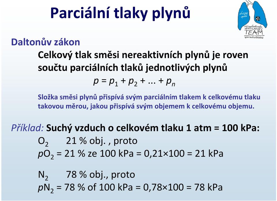 .. + p n Složka směsi plynů přispívá svým parciálním tlakem k celkovému tlaku takovou měrou, jakou přispívá svým