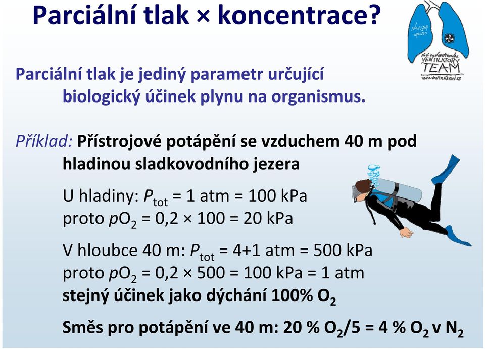 Příklad: Přístrojové potápění se vzduchem 40 m pod hladinou sladkovodního jezera U hladiny: P tot = 1 atm