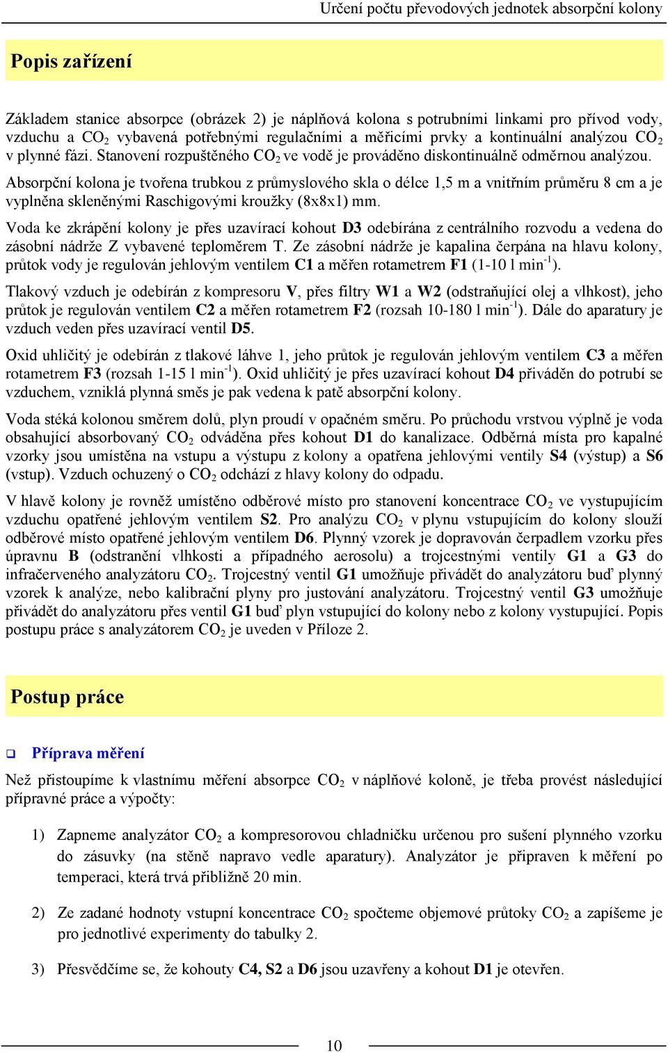 Absorpční kolona je tvořena trubkou z průmyslového skla o délce 1,5 m a vnitřním průměru 8 cm a je vyplněna skleněnými Raschigovými kroužky (8x8x1) mm.