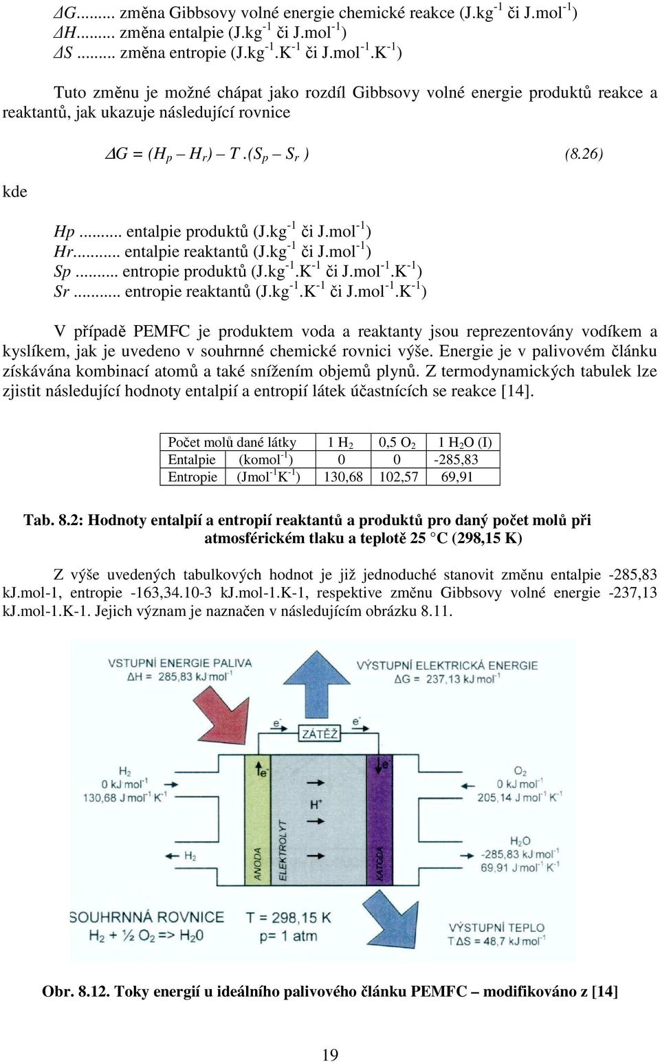 (S p S r ) (8.26) Hp... entalpie produktů (J.kg -1 či J.mol -1 ) Hr... entalpie reaktantů (J.kg -1 či J.mol -1 ) Sp... entropie produktů (J.kg -1.K -1 či J.mol -1.K -1 ) Sr... entropie reaktantů (J.