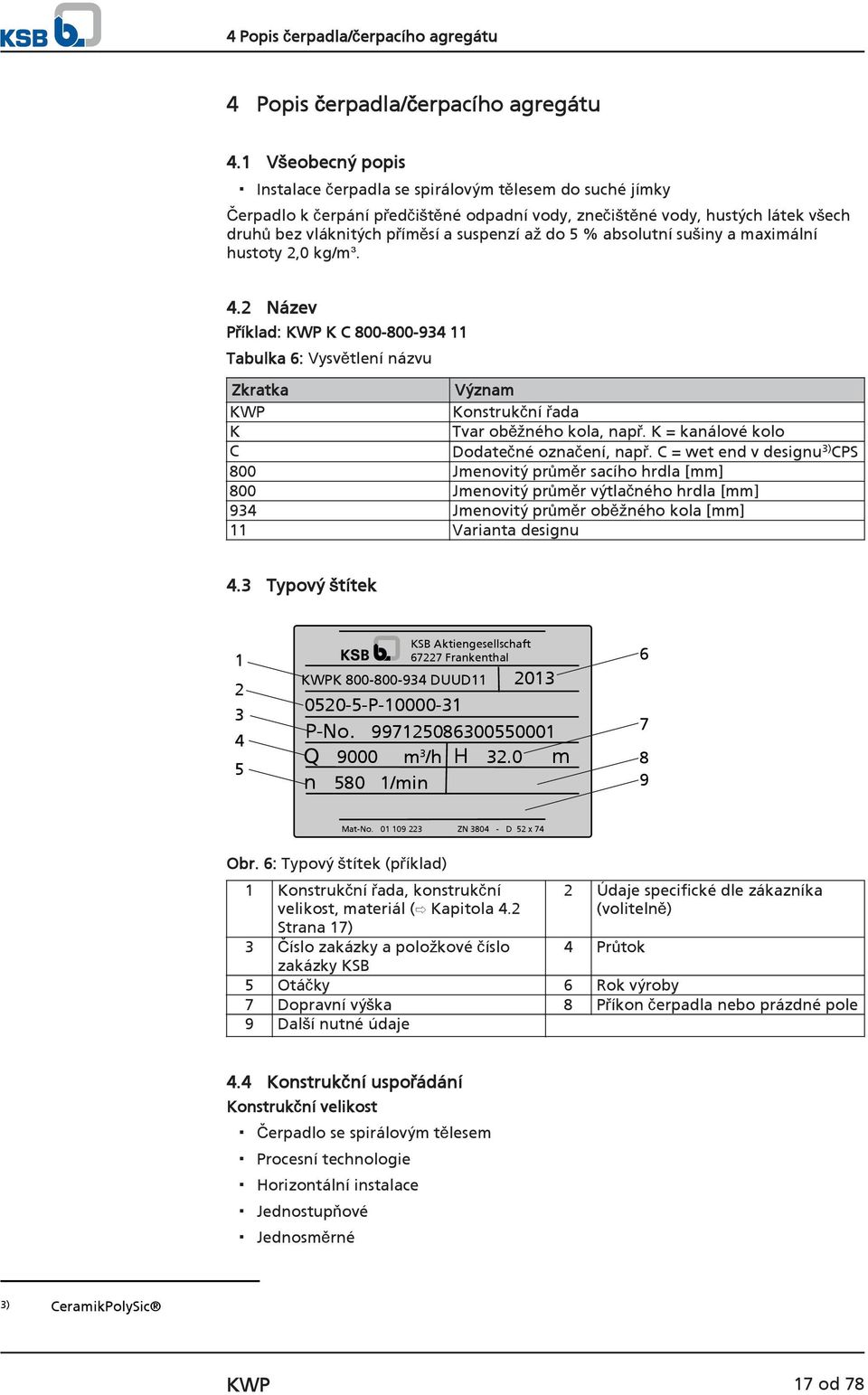 do 5 % absolutní sušiny a maximální hustoty 2,0 kg/m³. 4.2 Název Příklad: KWP K C 800-800-934 11 Tabulka 6: Vysvětlení názvu Zkratka Význam KWP Konstrukční řada K Tvar oběžného kola, např.