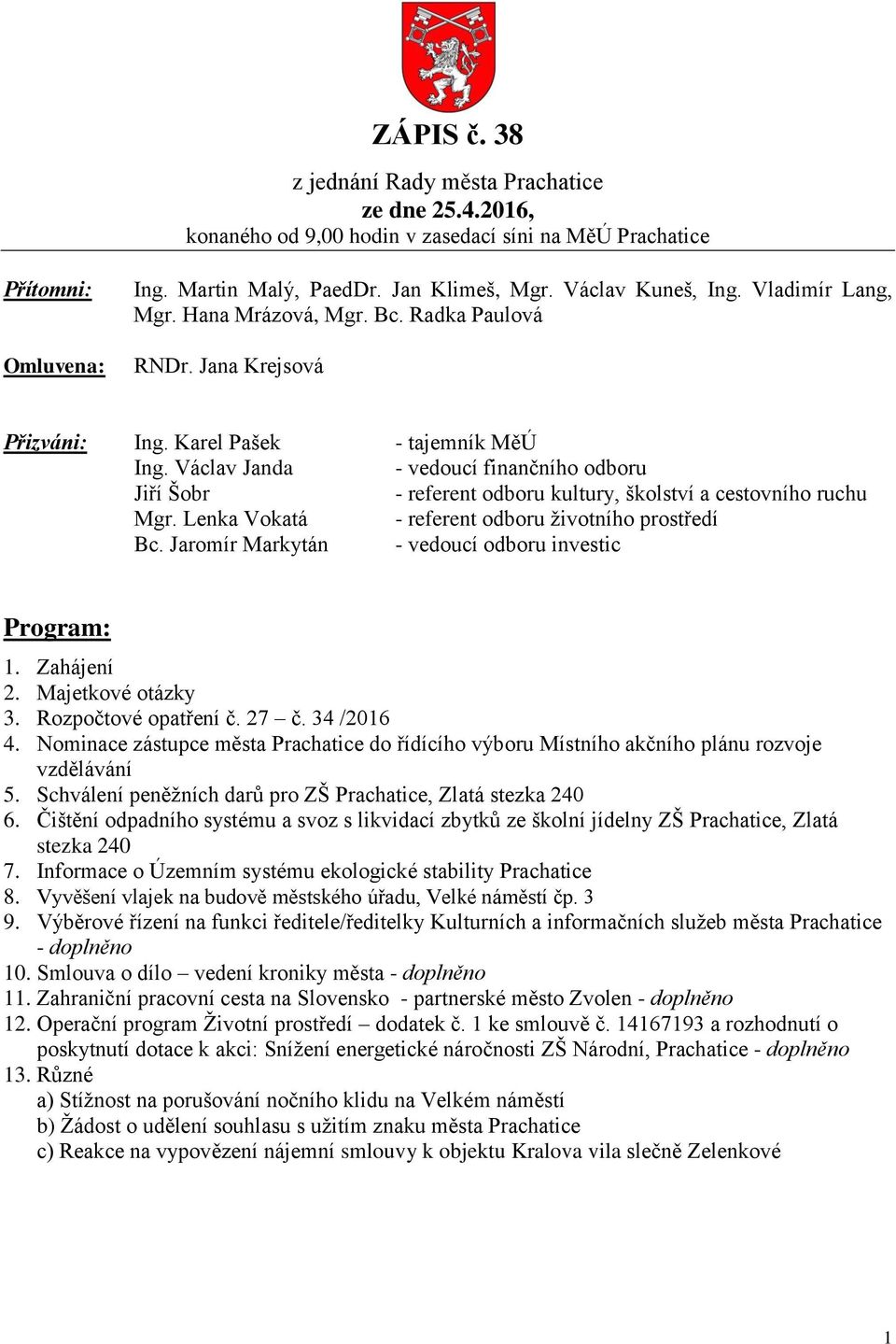 Václav Janda - vedoucí finančního odboru Jiří Šobr - referent odboru kultury, školství a cestovního ruchu Mgr. Lenka Vokatá - referent odboru životního prostředí Bc.