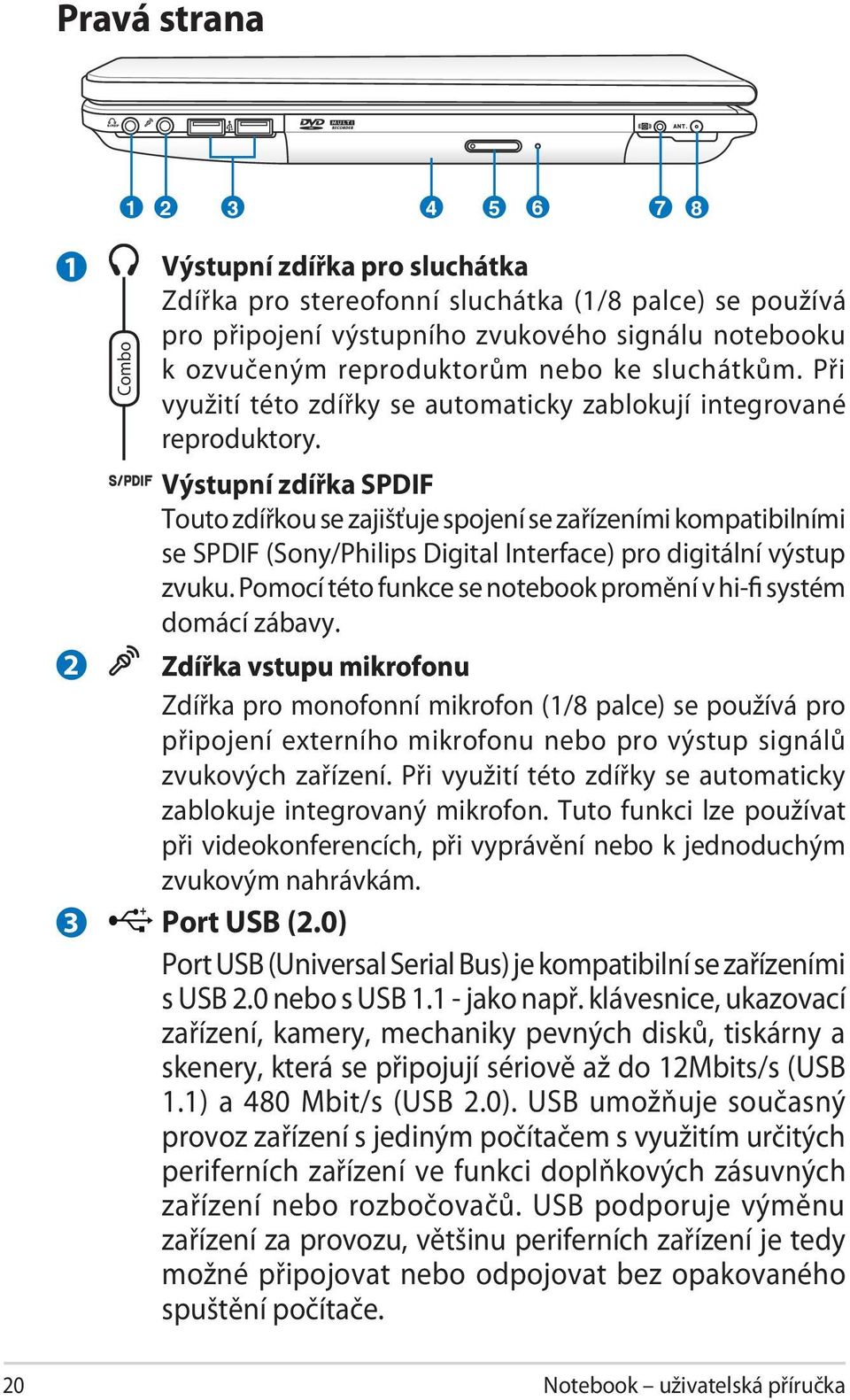 Výstupní zdířka SPDIF Touto zdířkou se zajišťuje spojení se zařízeními kompatibilními se SPDIF (Sony/Philips Digital Interface) pro digitální výstup zvuku.