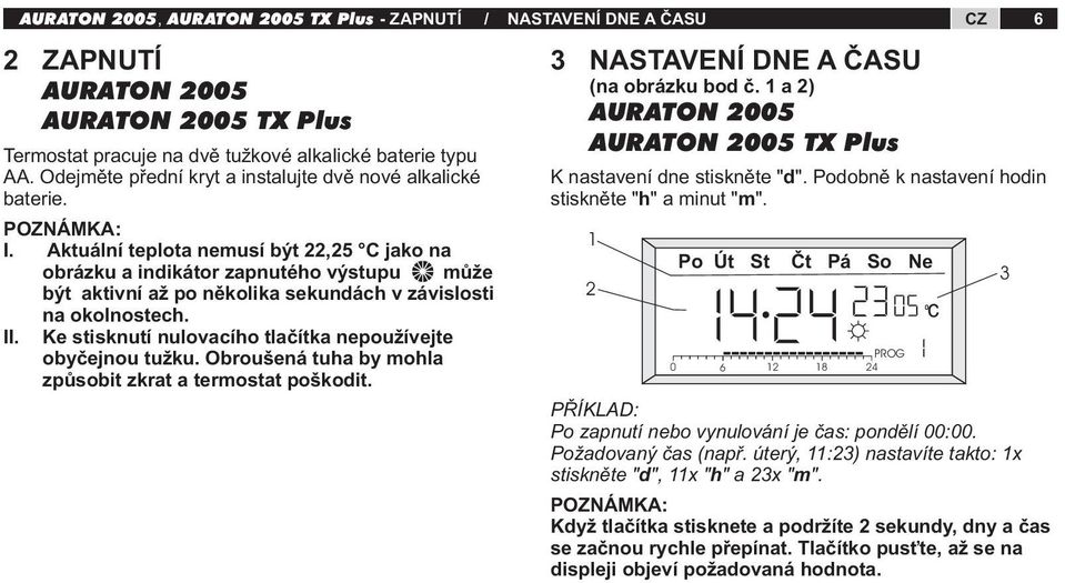 Ke stisknutí nulovacího tlačítka nepoužívejte obyčejnou tužku. Obroušená tuha by mohla způsobit zkrat a termostat poškodit. 3 NASTAVENÍ DNE A ČASU (na obrázku bod č.