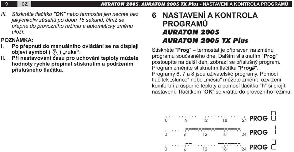 , TX Plus - NASTAVENÍ A KONTROLA RAMŮ 6 NASTAVENÍ A KONTROLA RAMŮ TX Plus Stiskněte "Prog" termostat je připraven na změnu programu současného dne.