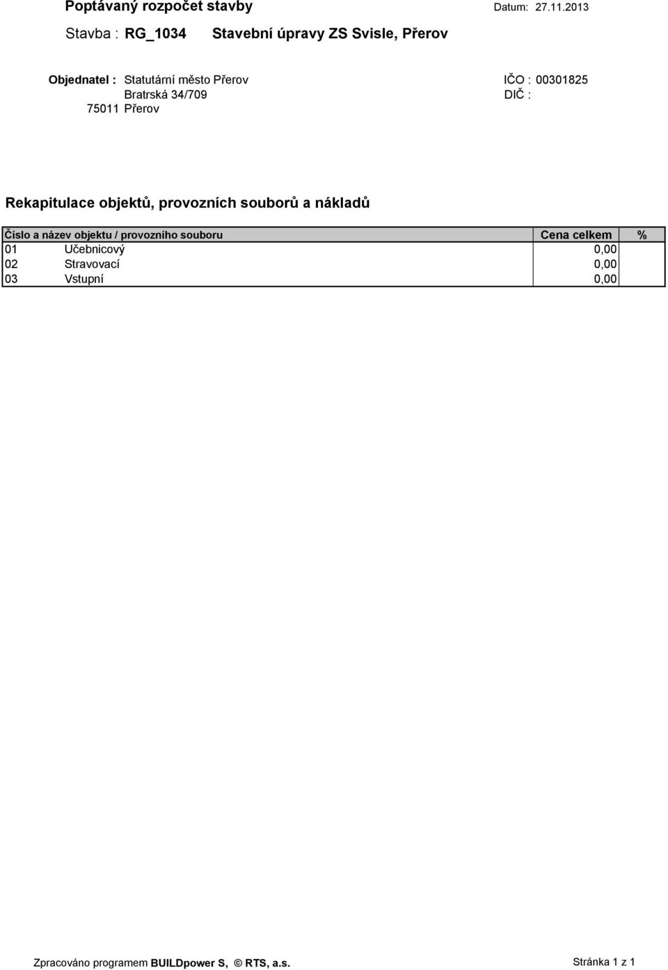 Bratrská 34/709 DIČ : 75011 Přerov Rekapitulace objektů, provozních souborů