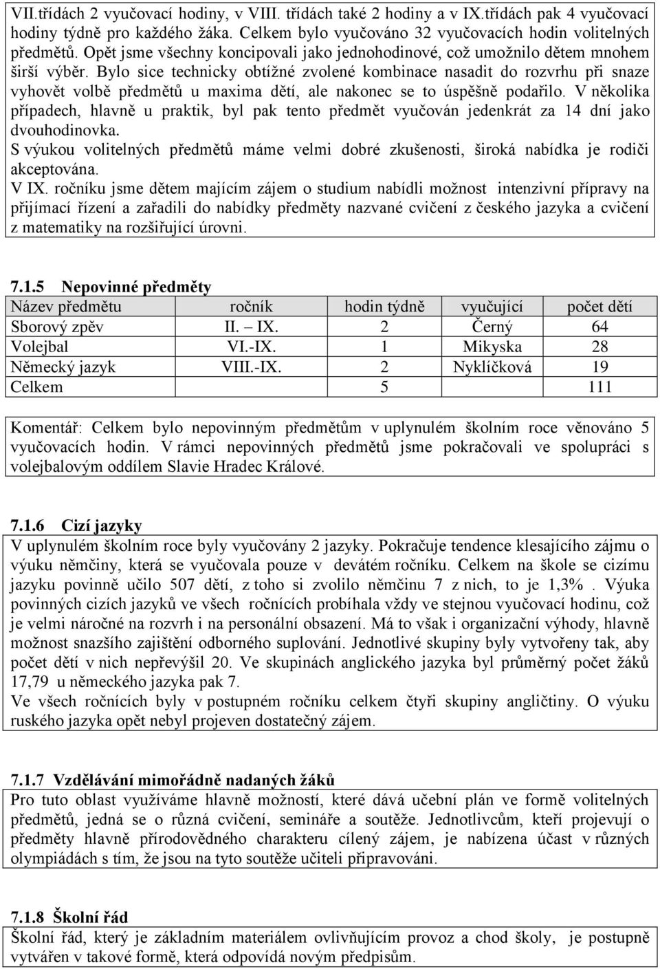 Bylo sice technicky obtížné zvolené kombinace nasadit do rozvrhu při snaze vyhovět volbě předmětů u maxima dětí, ale nakonec se to úspěšně podařilo.