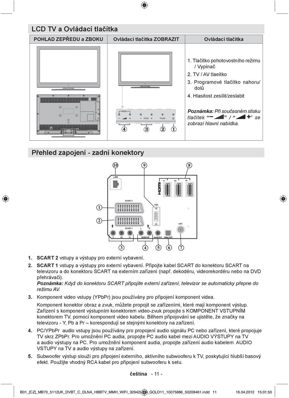 PĜipojte kabel SCART do konektoru SCART na televizoru a do konektoru SCART na externím zaĝízení (napĝ. dekodéru, videorekordéru nebo na DVD pĝehrávaþi).
