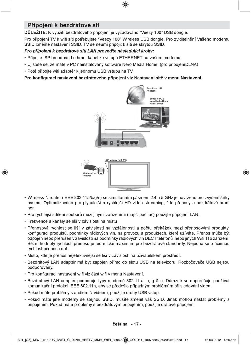 Pro p ipojení k bezdrátové síti LAN prove te následující kroky: P ipojte ISP broadband ethrnet kabel ke vstupu ETHERNET na vašem modemu.