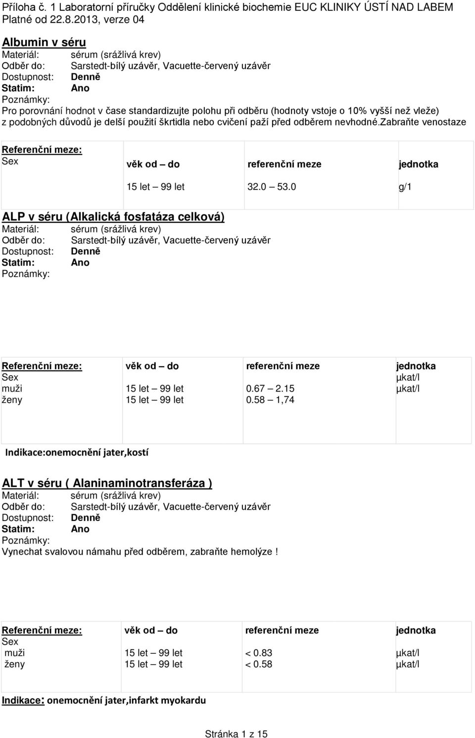 0 g/1 ALP v séru (Alkalická fosfatáza celková) Materiál: Odběr do: Dostupnost: Statim: sérum (srážlivá krev) Sarstedt-bílý uzávěr, Vacuette-červený uzávěr Denně Ano 0.67 2.