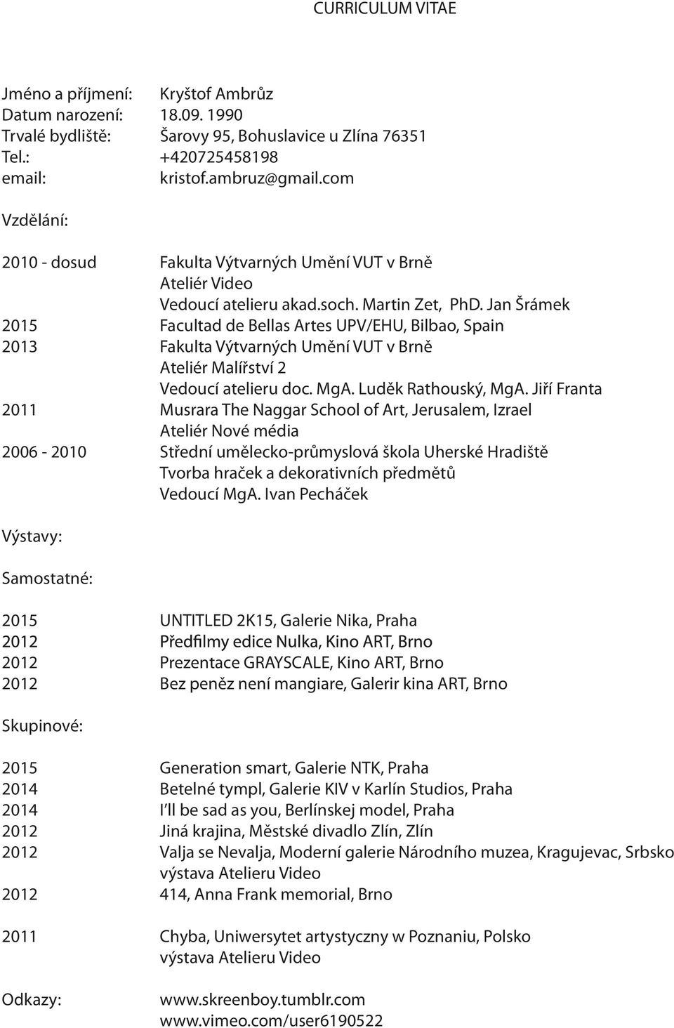 Jan Šrámek Facultad de Bellas Artes UPV/EHU, Bilbao, Spain Fakulta Výtvarných Umění VUT v Brně Ateliér Malířství 2 Vedoucí atelieru doc. MgA. Luděk Rathouský, MgA.