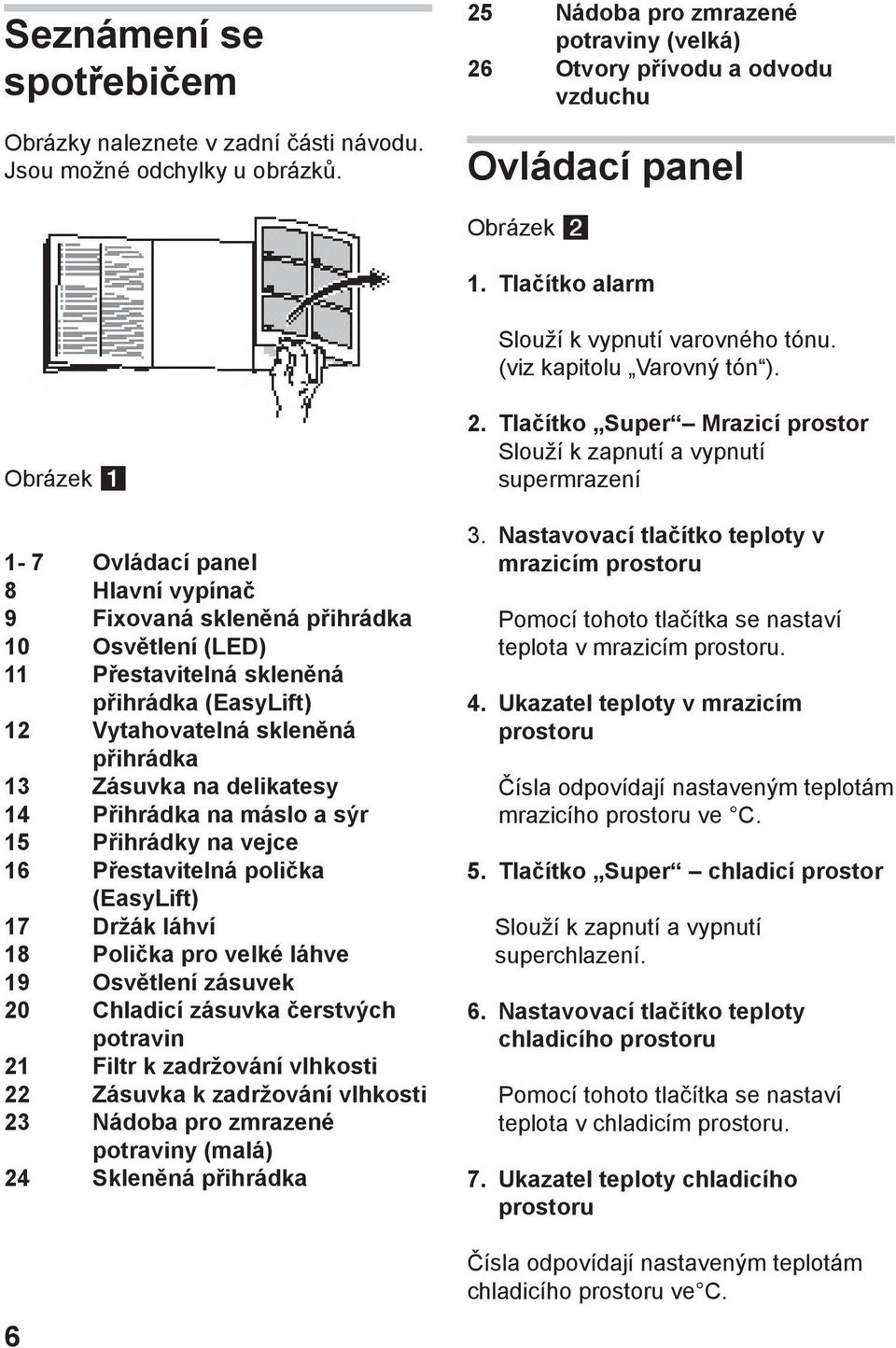 Obrázek 1-7 Ovládací panel 8 Hlavní vypínač 9 Fixovaná skleněná přihrádka 10 Osvětlení (LED) 11 Přestavitelná skleněná přihrádka (EasyLift) 12 Vytahovatelná skleněná přihrádka 13 Zásuvka na