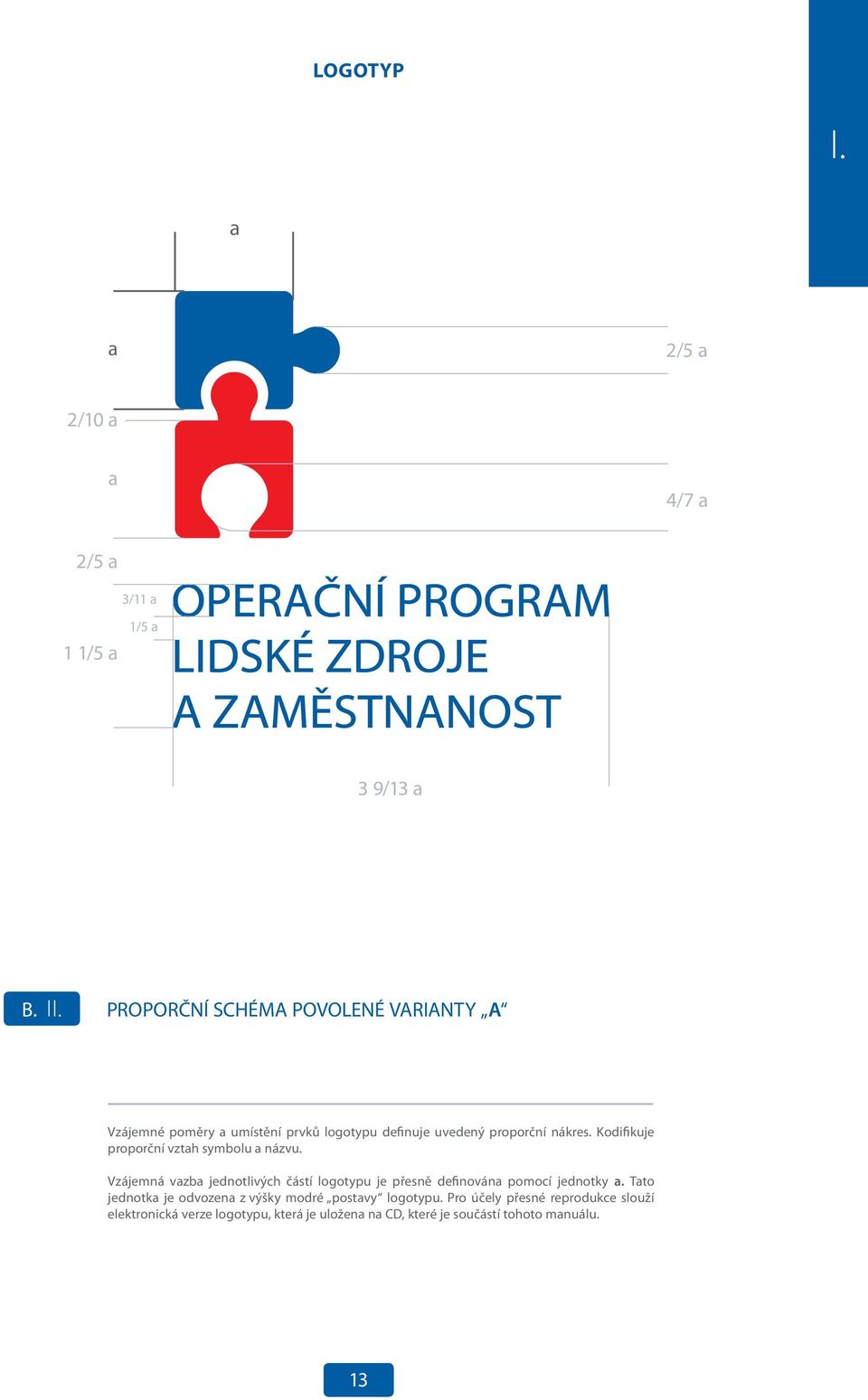 Kodifikuje proporční vztah symbolu a názvu. Vzájemná vazba jednotlivých částí logotypu je přesně definována pomocí jednotky a.