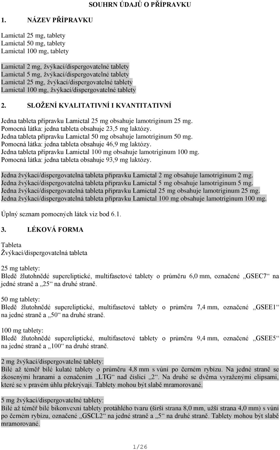 SLOŽENÍ KVALITATIVNÍ I KVANTITATIVNÍ Jedna tableta přípravku Lamictal 25 mg obsahuje lamotriginum 25 mg. Pomocná látka: jedna tableta obsahuje 23,5 mg laktózy.